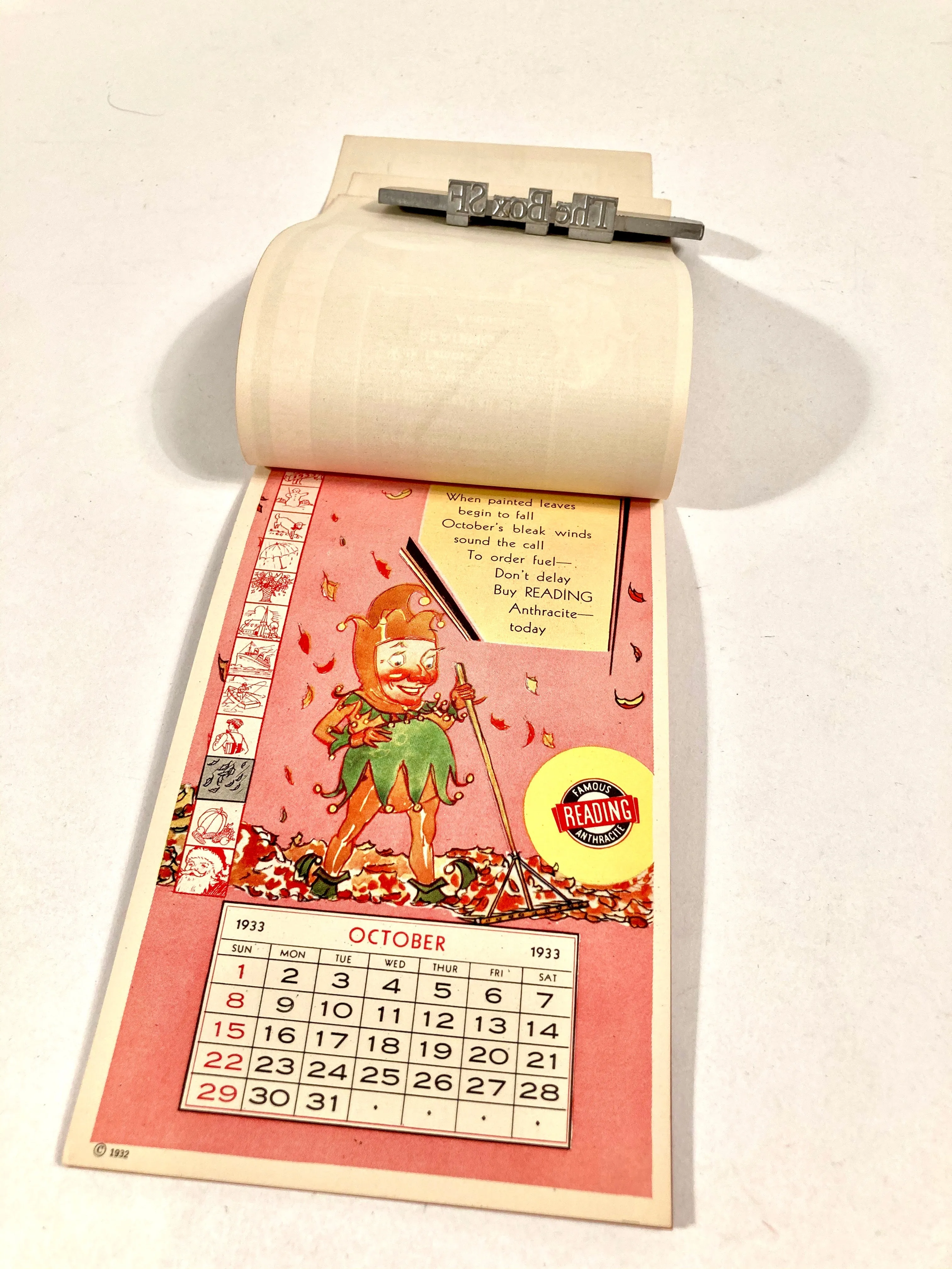 1933 Vintage READING ANTHRACITE, Coal, Promotional Calendar, Jester Design