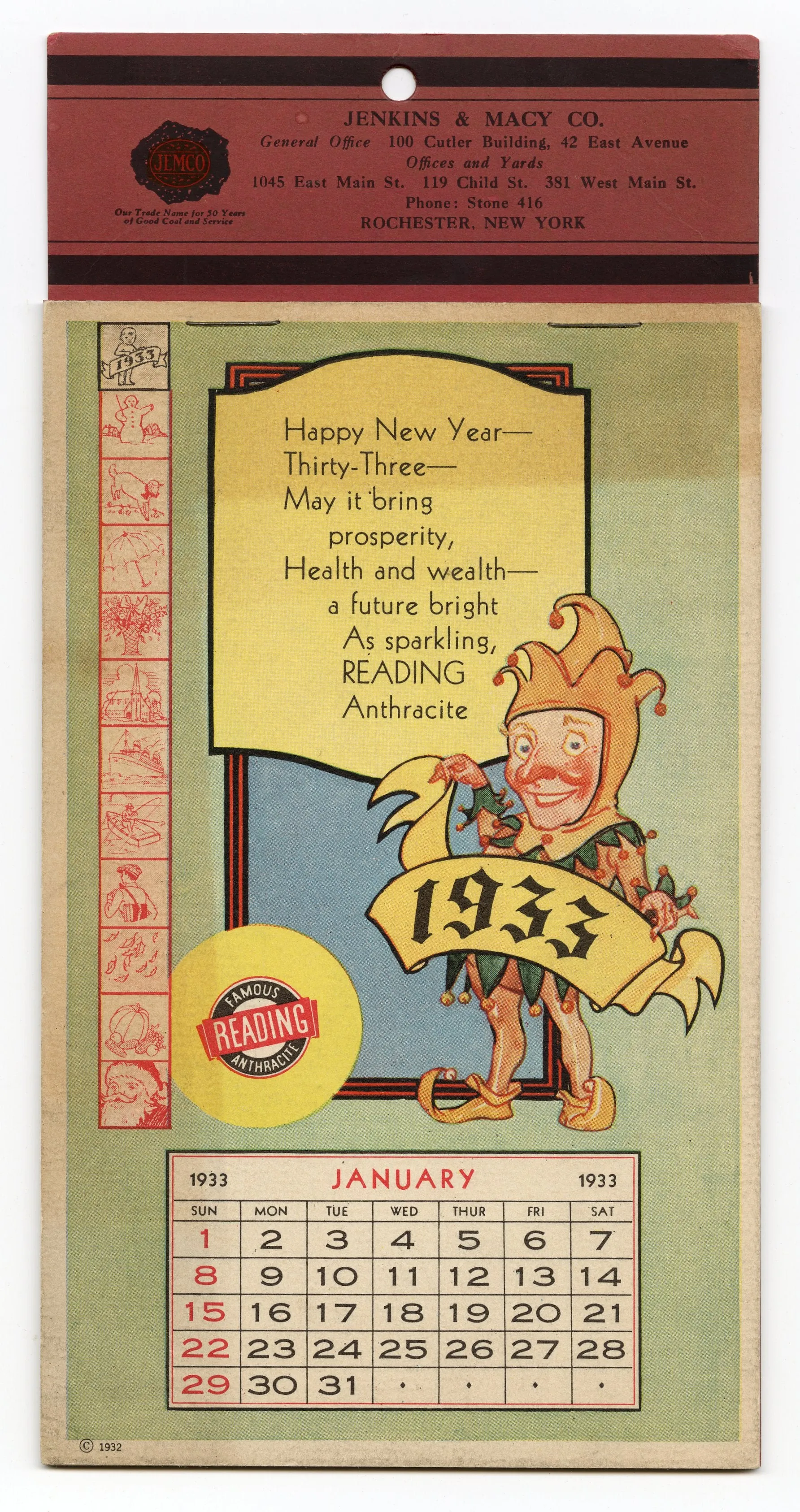 1933 Vintage READING ANTHRACITE, Coal, Promotional Calendar, Jester Design