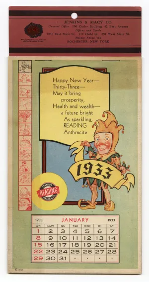 1933 Vintage READING ANTHRACITE, Coal, Promotional Calendar, Jester Design