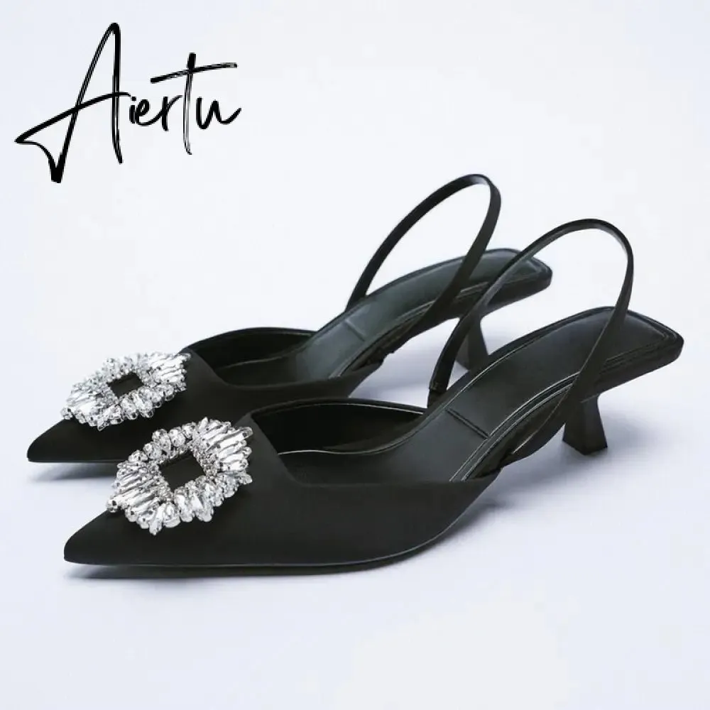 Aiertu Summer New Women's Sandals Closed Toe Green Single Shoes With Thin Heel Mid-heeled Fashion Hollow Pointed Toe Women Shoes