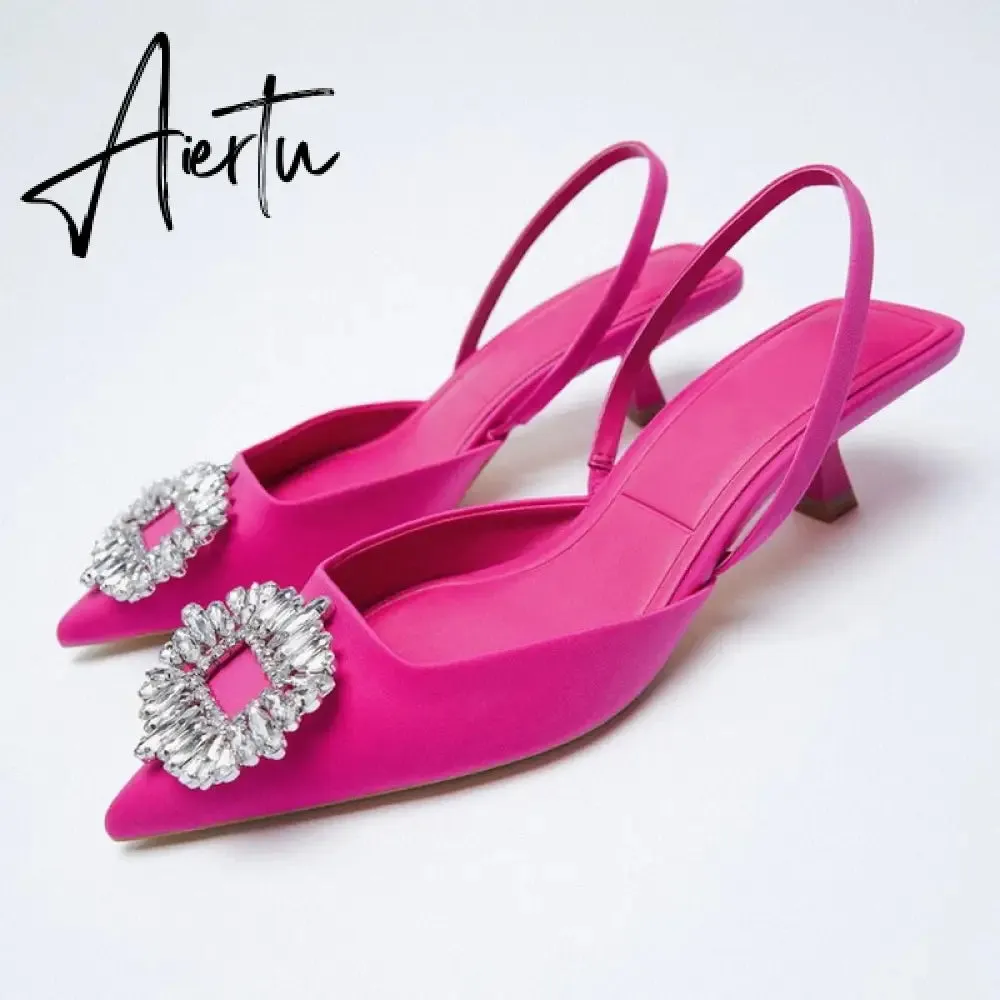 Aiertu Summer New Women's Sandals Closed Toe Green Single Shoes With Thin Heel Mid-heeled Fashion Hollow Pointed Toe Women Shoes