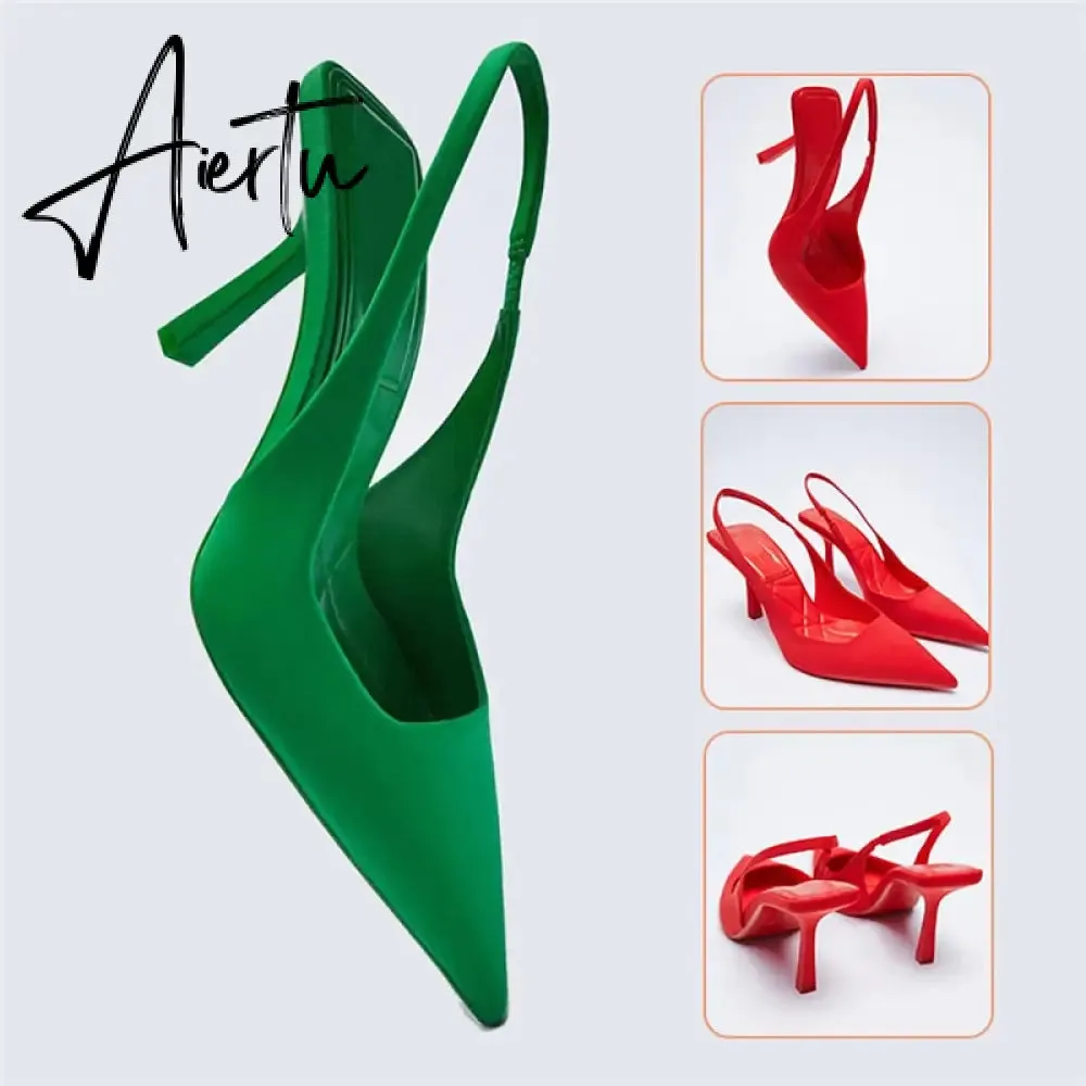 Aiertu Summer New Women's Sandals Closed Toe Green Single Shoes With Thin Heel Mid-heeled Fashion Hollow Pointed Toe Women Shoes