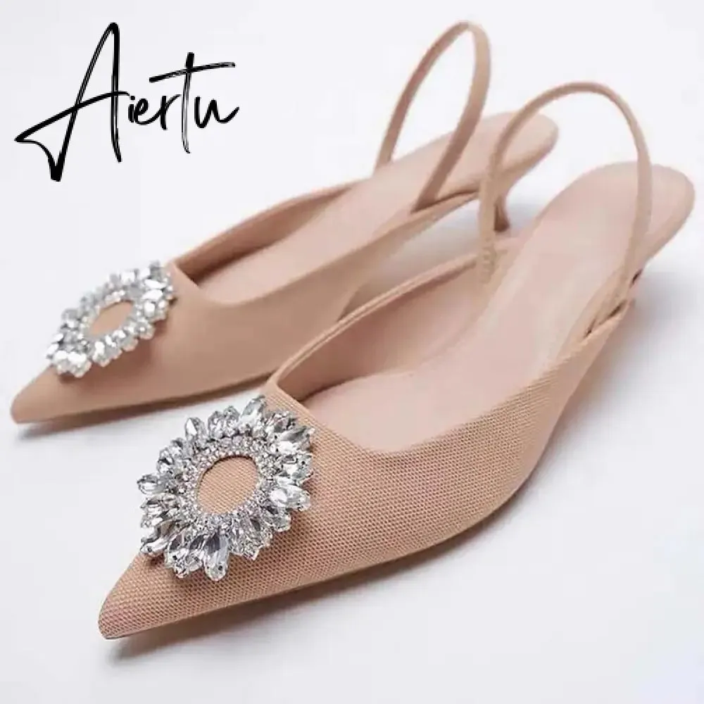 Aiertu Summer New Women's Sandals Closed Toe Green Single Shoes With Thin Heel Mid-heeled Fashion Hollow Pointed Toe Women Shoes