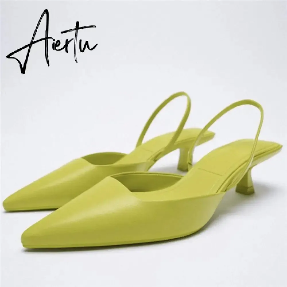 Aiertu Summer New Women's Sandals Closed Toe Green Single Shoes With Thin Heel Mid-heeled Fashion Hollow Pointed Toe Women Shoes