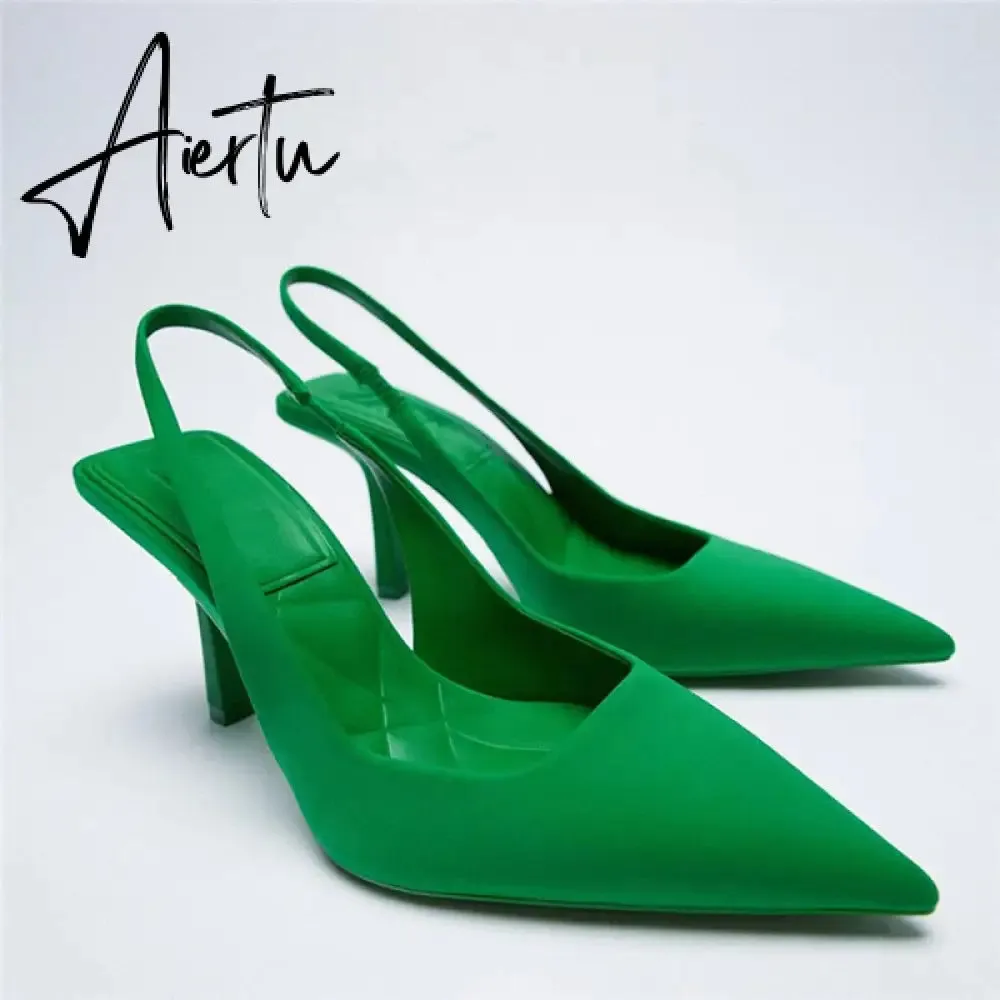 Aiertu Summer New Women's Sandals Closed Toe Green Single Shoes With Thin Heel Mid-heeled Fashion Hollow Pointed Toe Women Shoes