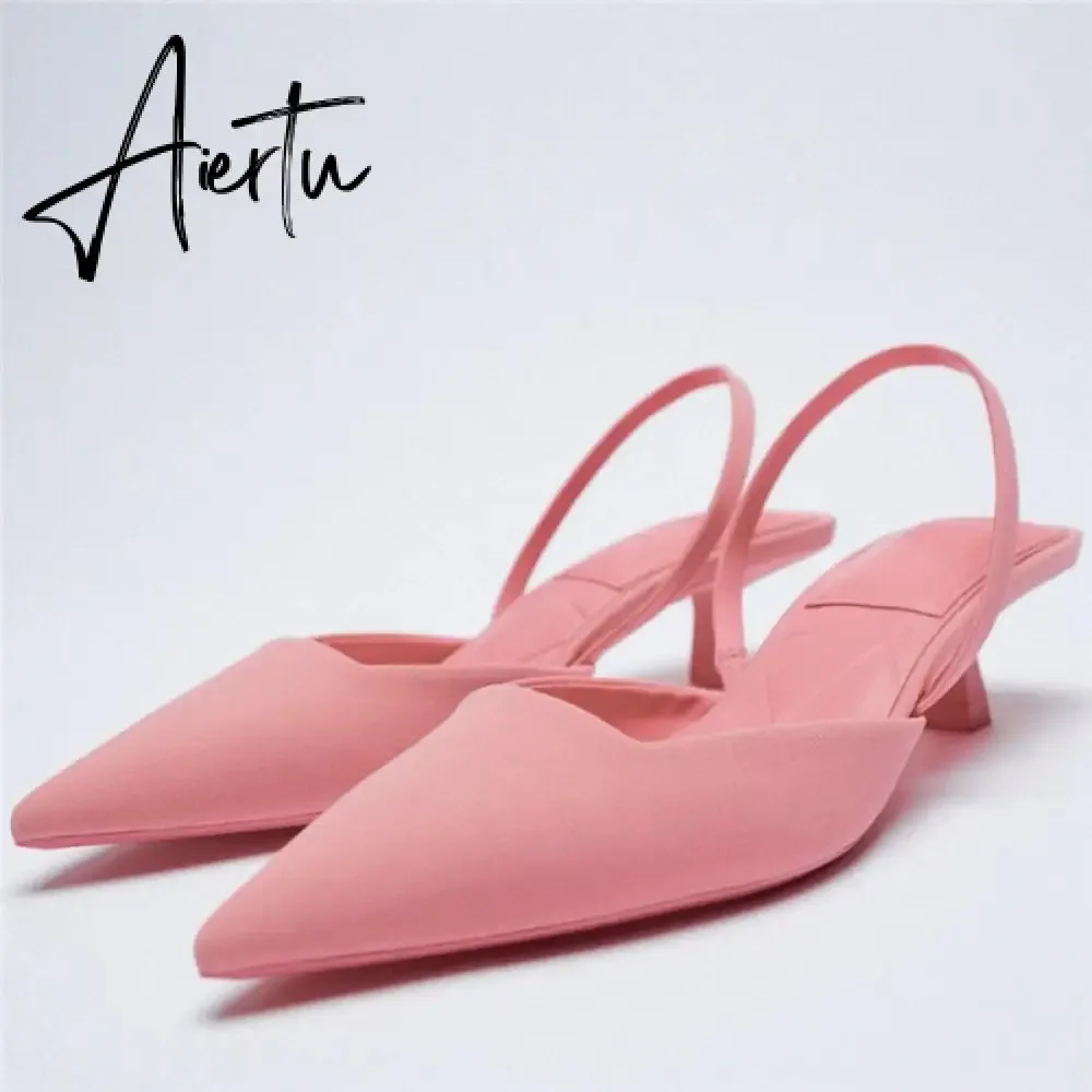 Aiertu Summer New Women's Sandals Closed Toe Green Single Shoes With Thin Heel Mid-heeled Fashion Hollow Pointed Toe Women Shoes