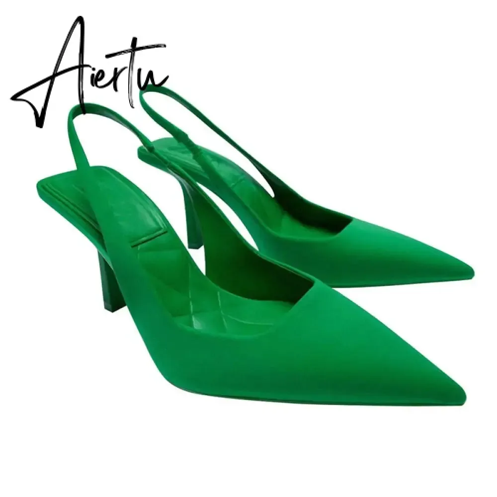 Aiertu Summer New Women's Sandals Closed Toe Green Single Shoes With Thin Heel Mid-heeled Fashion Hollow Pointed Toe Women Shoes