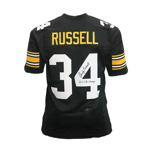 Andy Russell Autographed Pro Style Football Jersey Black (JSA) 2 x Super Bowl Champs Inscription