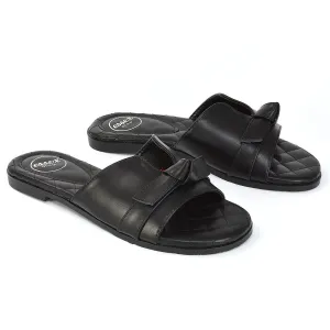 Ariella Cut Out Quilted Insole Bow Flat Slider Sandals in Black Synthetic Leather