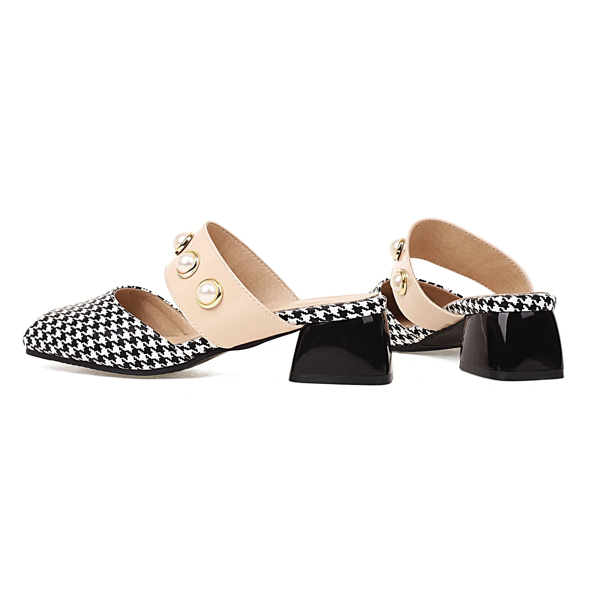 Bigsizeheels Houndstooth Pearl Round Toe  Flats Sandals - Lattice