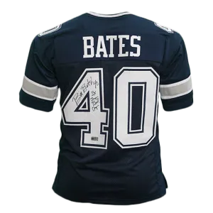 Bill Bates Autographed 3X SB Inscription Pro Style Football Jersey Blue (JSA)