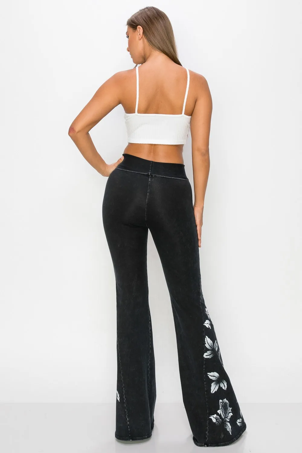 Black Pants with Printed White Rose Design