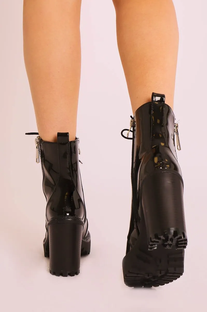 Black Patent Lace Up Heeled Boots - Faelyn