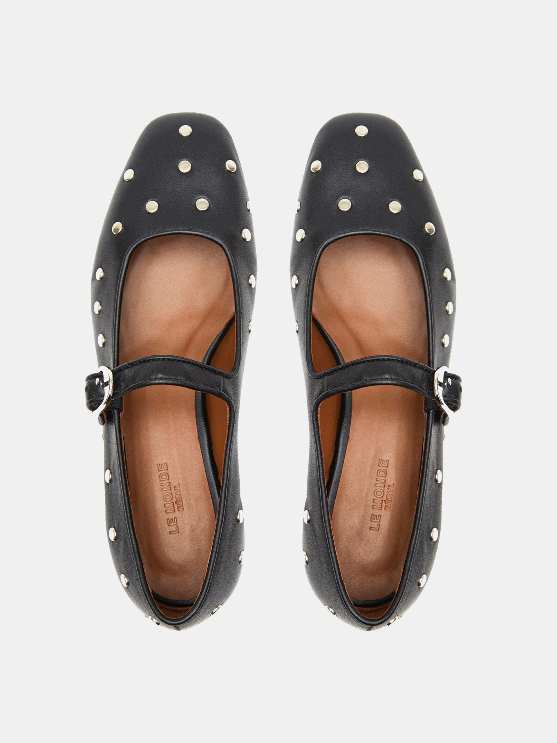 Black studded leather Mary Jane flats