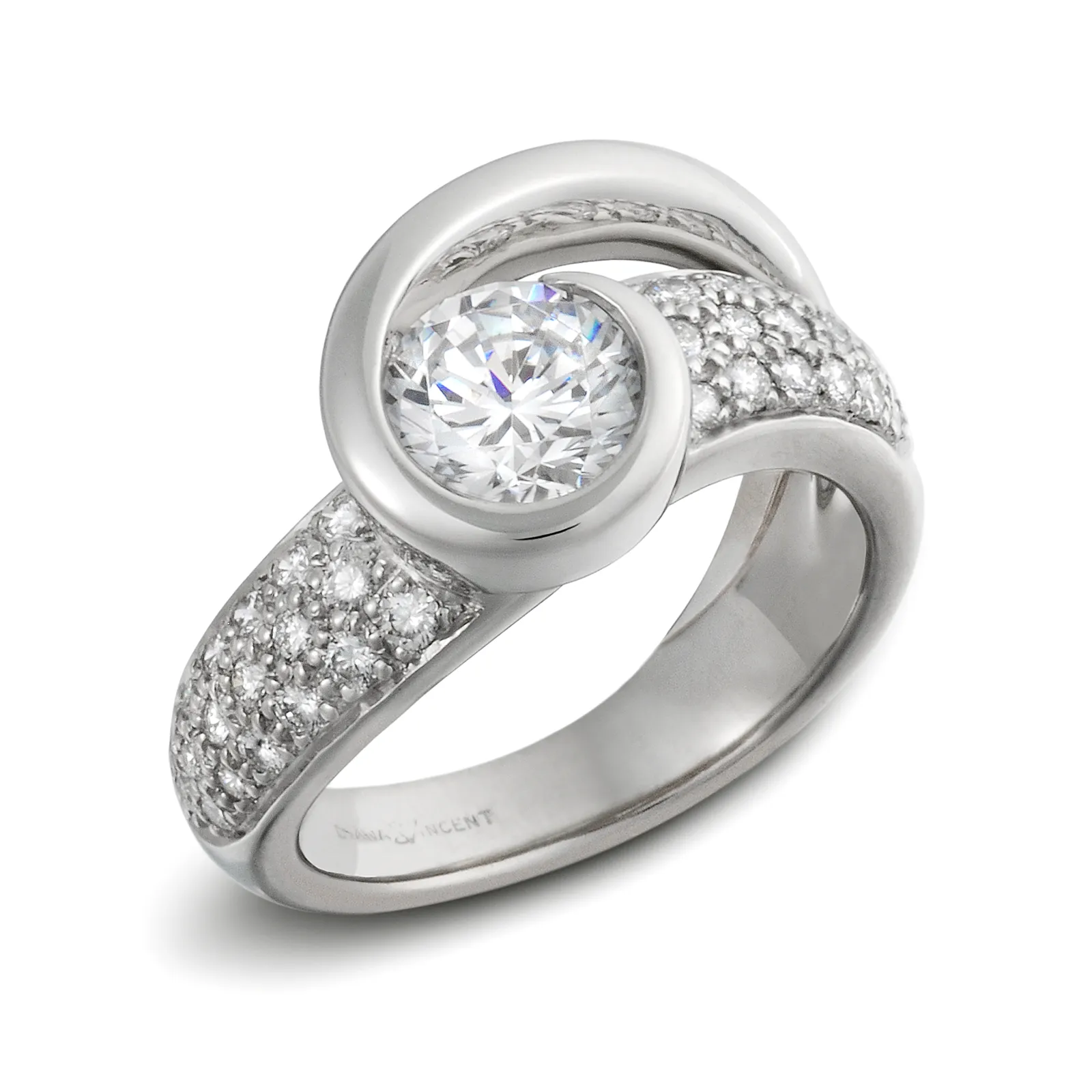 Contour Round Solitaire Engagement Ring with Pave Shank