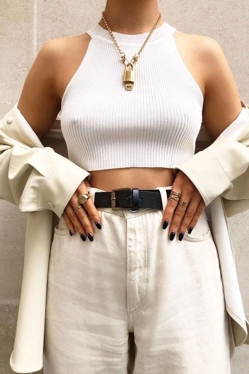 Cream Thick Rib Halter Neck Crop Top - Aariella