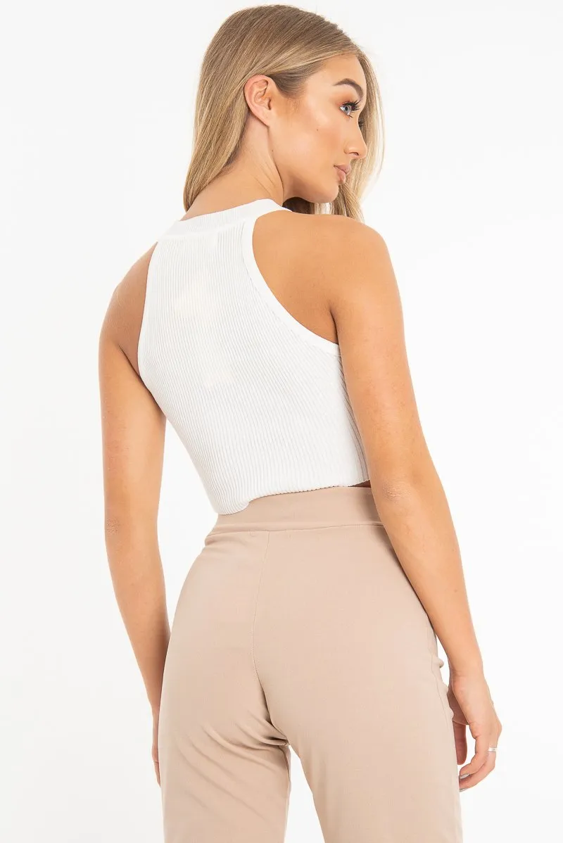 Cream Thick Rib Halter Neck Crop Top - Aariella