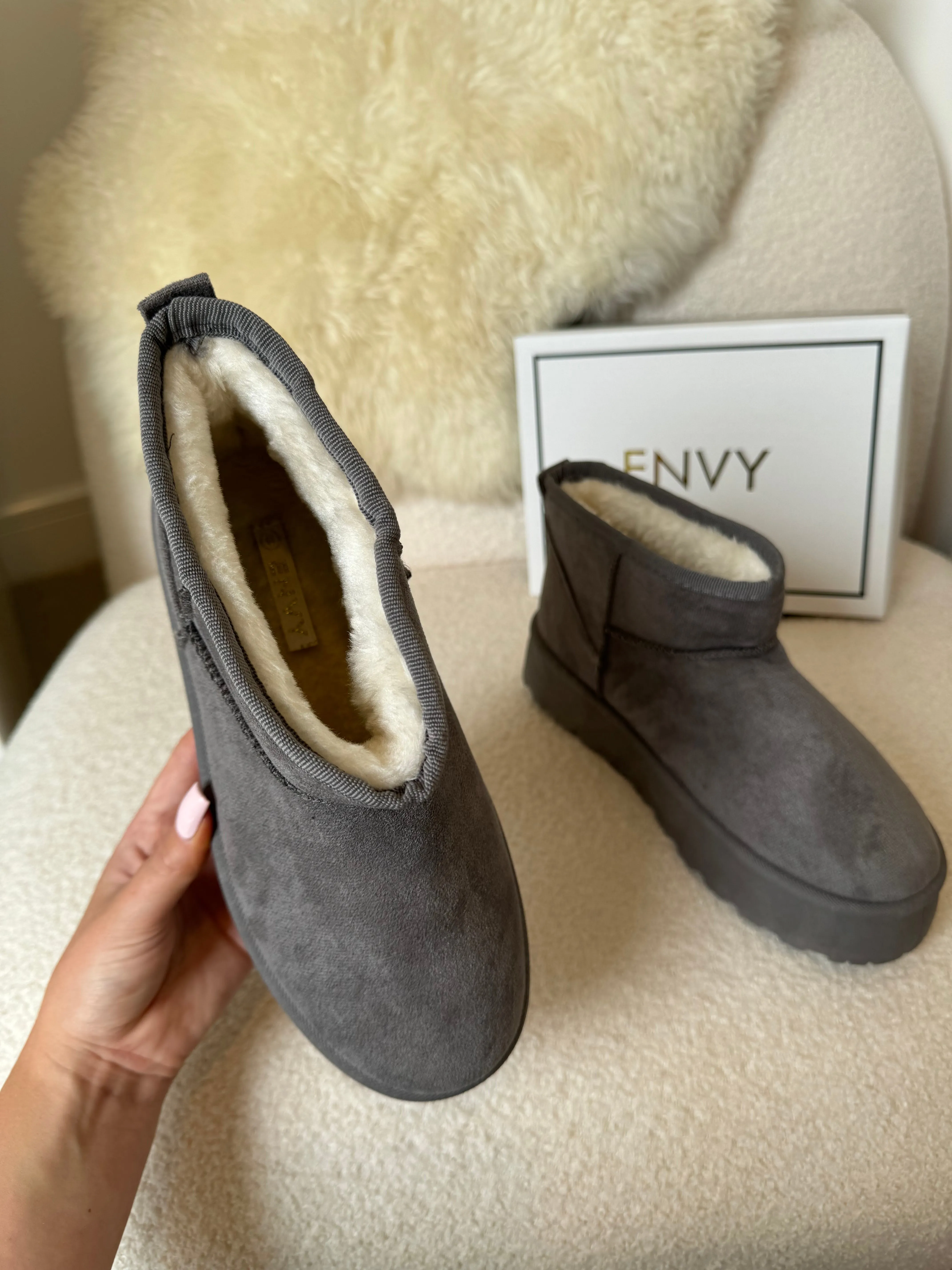 DARCY GREY ULTRA PLATFORM ANKLE SLIPPER BOOTS