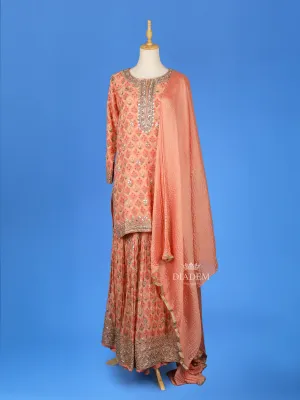 Dark Peach Sharara Set Adorned with Floral Printed Designs, Paired with Dupatta