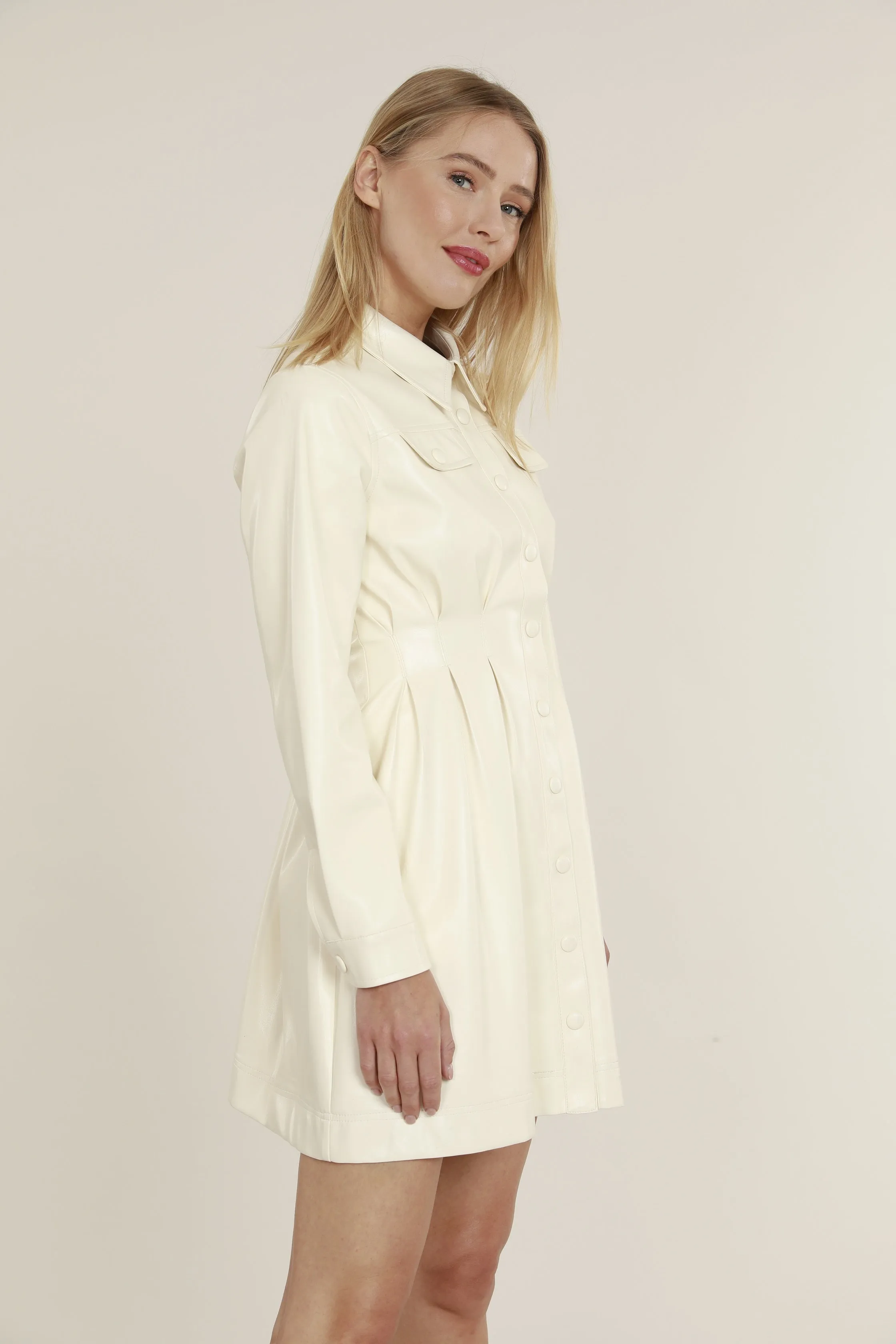 Faux Leather Shirt Dress with Pintuck Waist