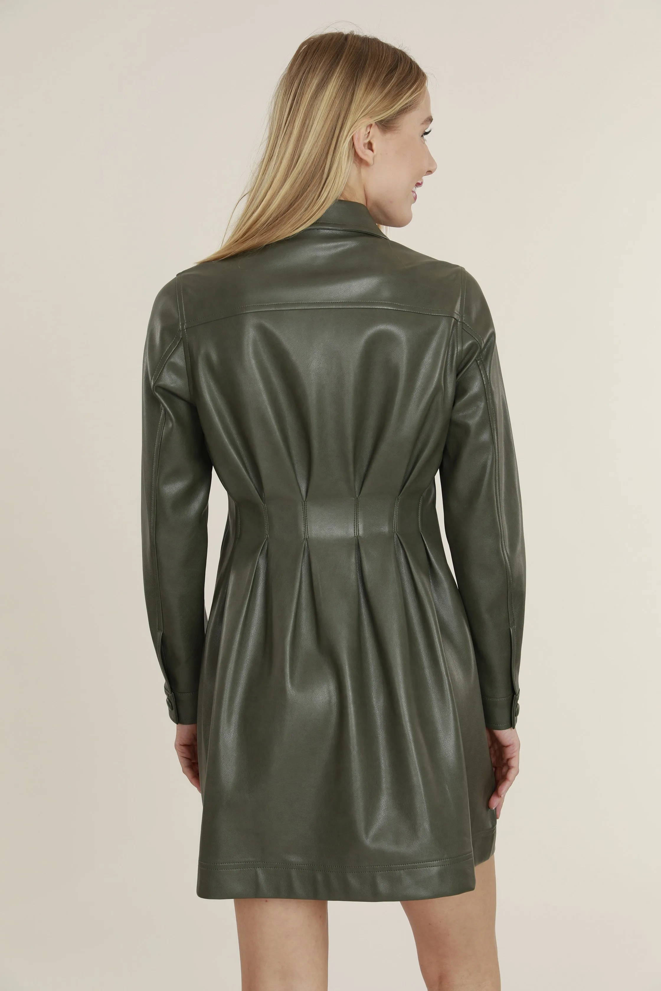 Faux Leather Shirt Dress with Pintuck Waist