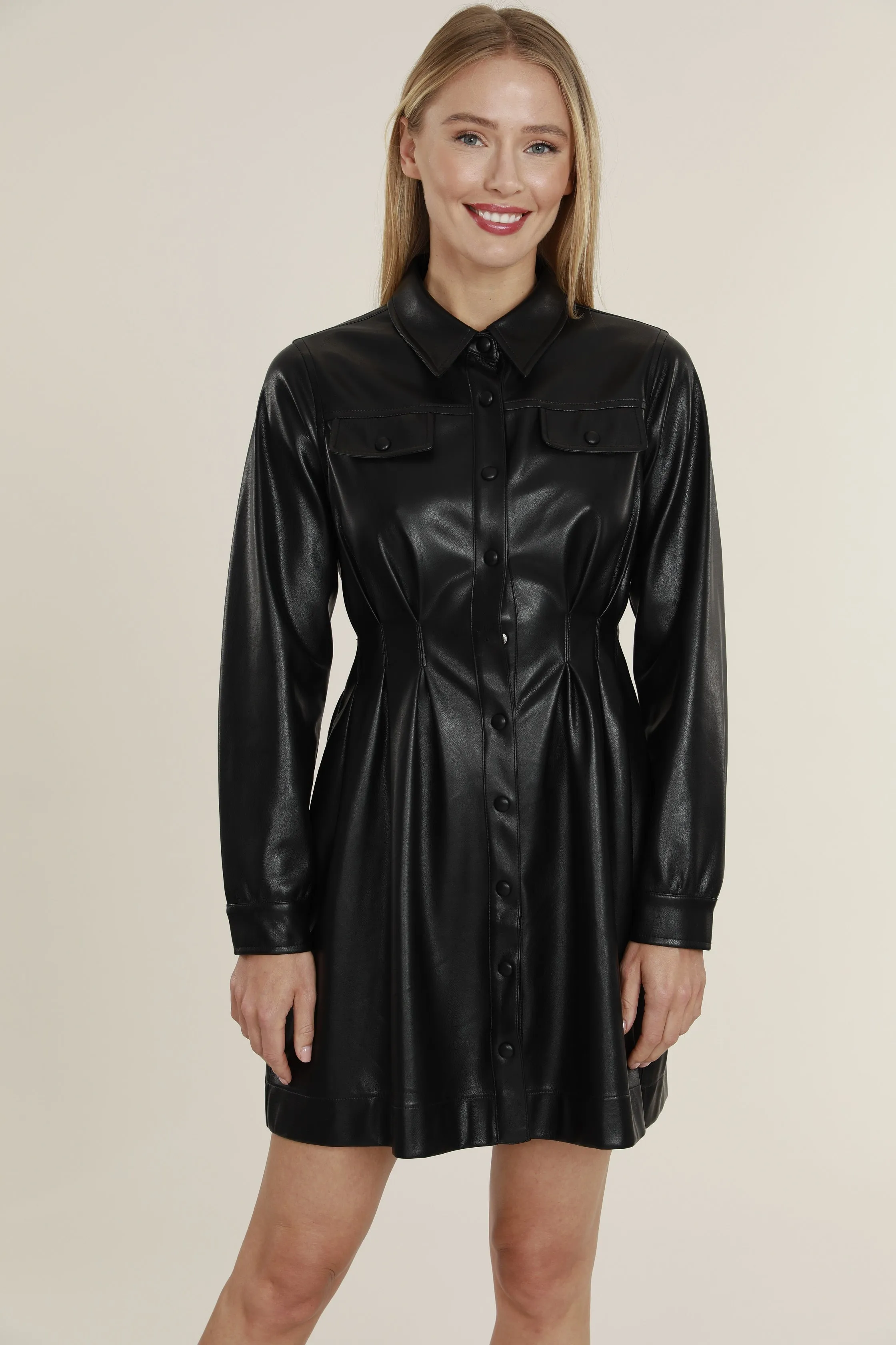 Faux Leather Shirt Dress with Pintuck Waist