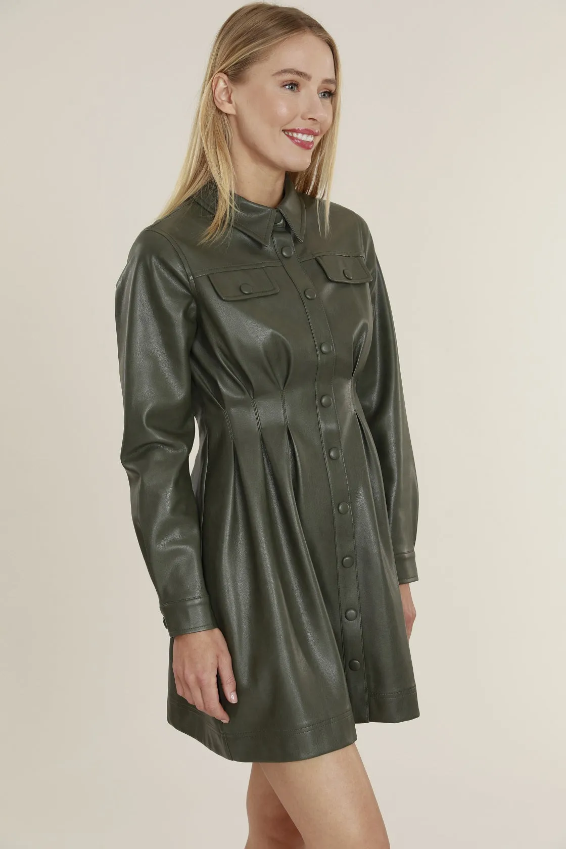 Faux Leather Shirt Dress with Pintuck Waist