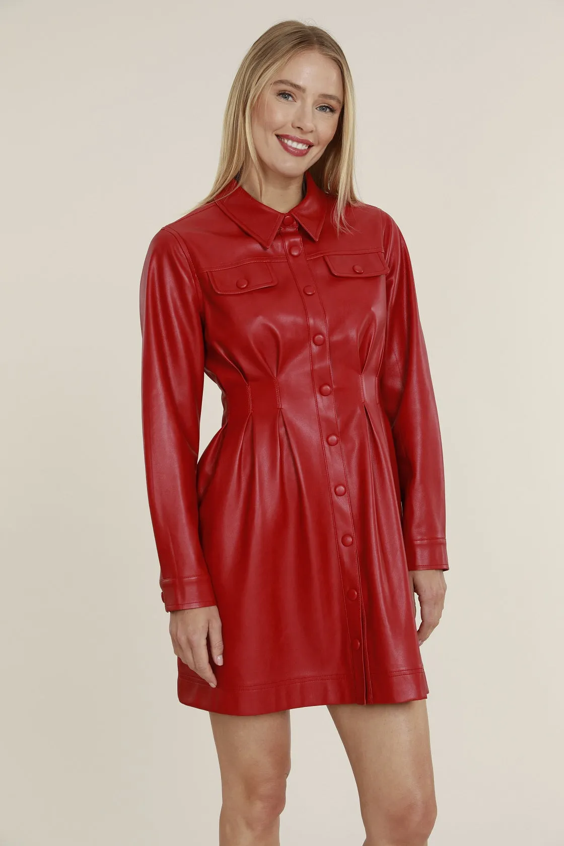 Faux Leather Shirt Dress with Pintuck Waist
