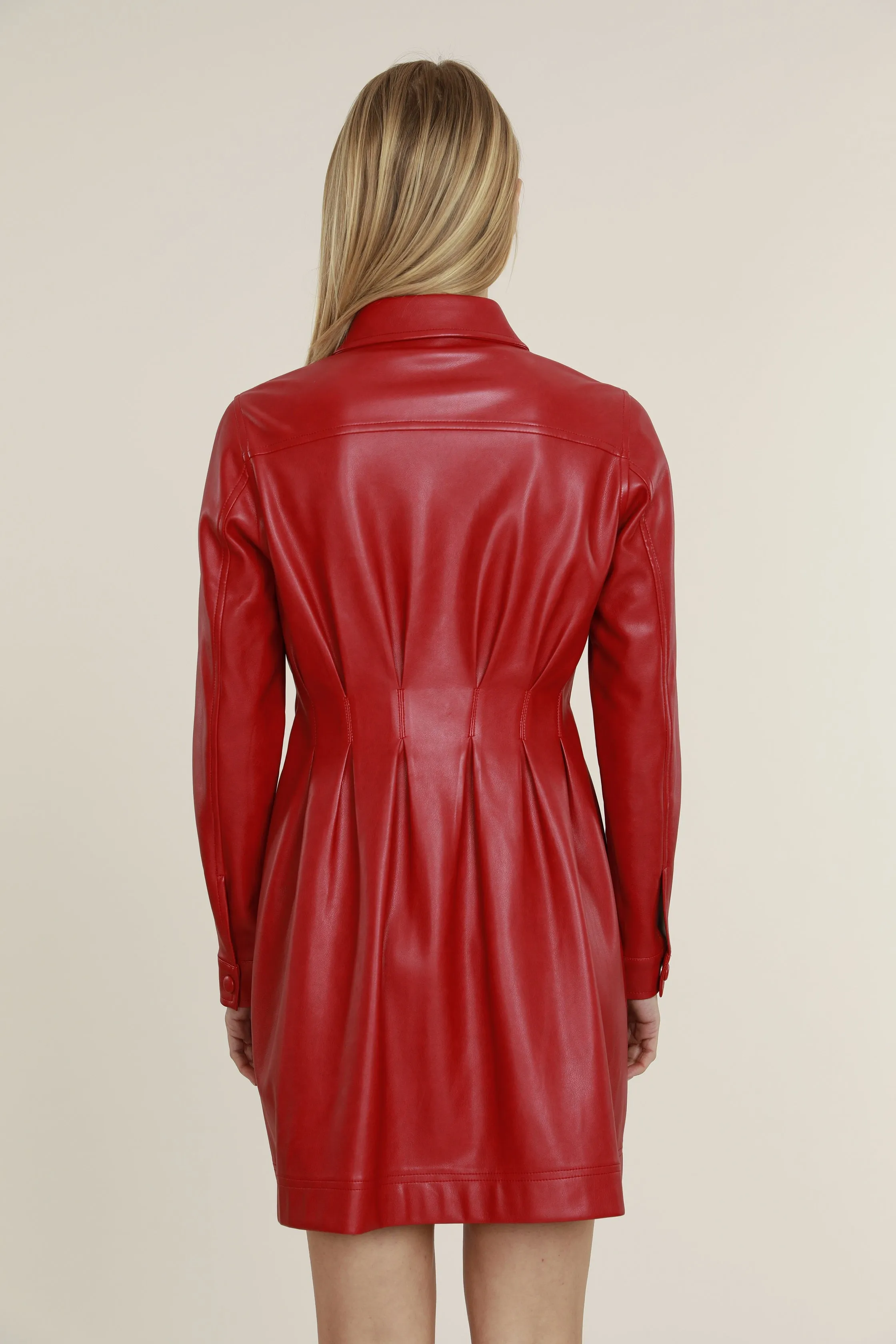 Faux Leather Shirt Dress with Pintuck Waist