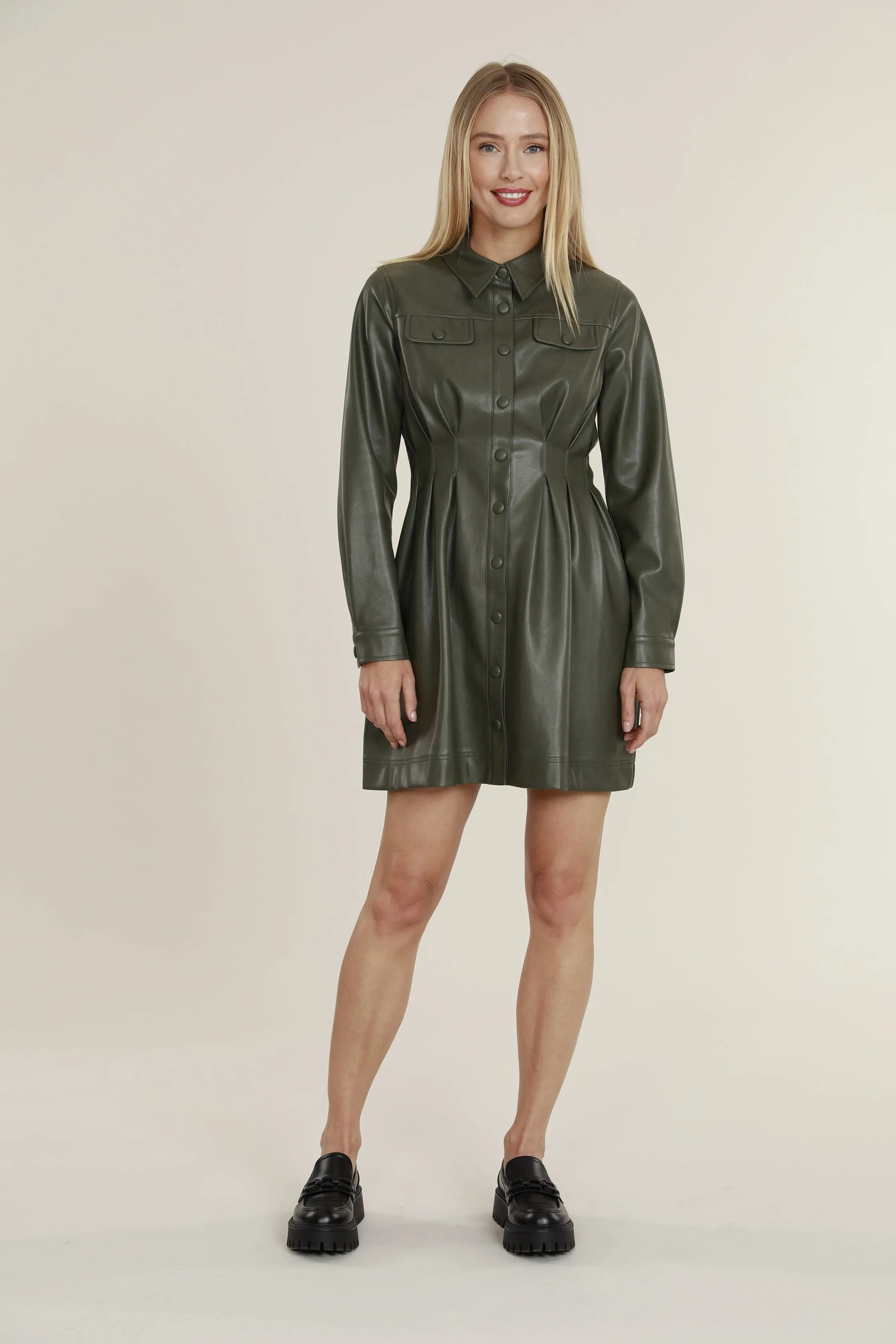 Faux Leather Shirt Dress with Pintuck Waist