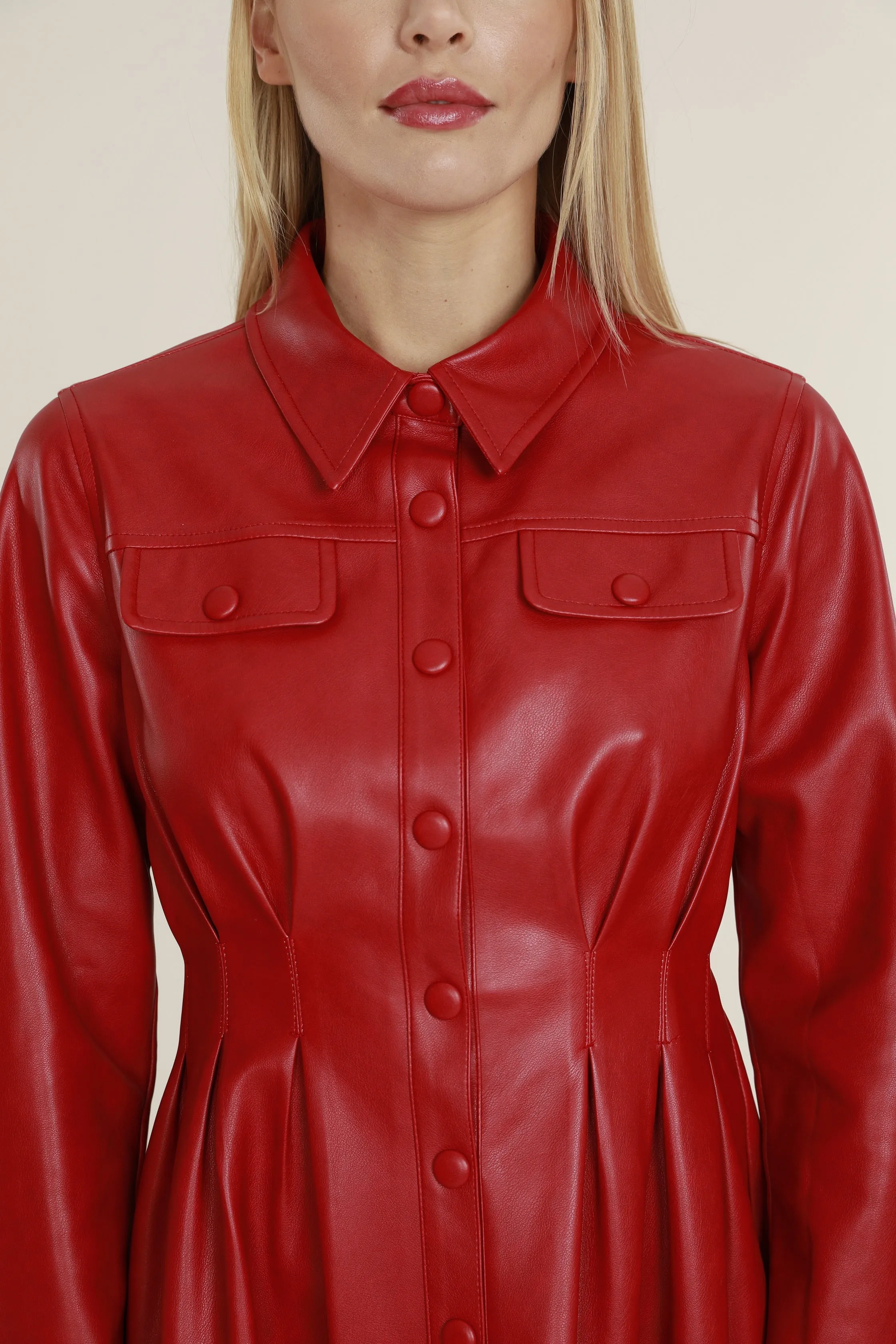 Faux Leather Shirt Dress with Pintuck Waist