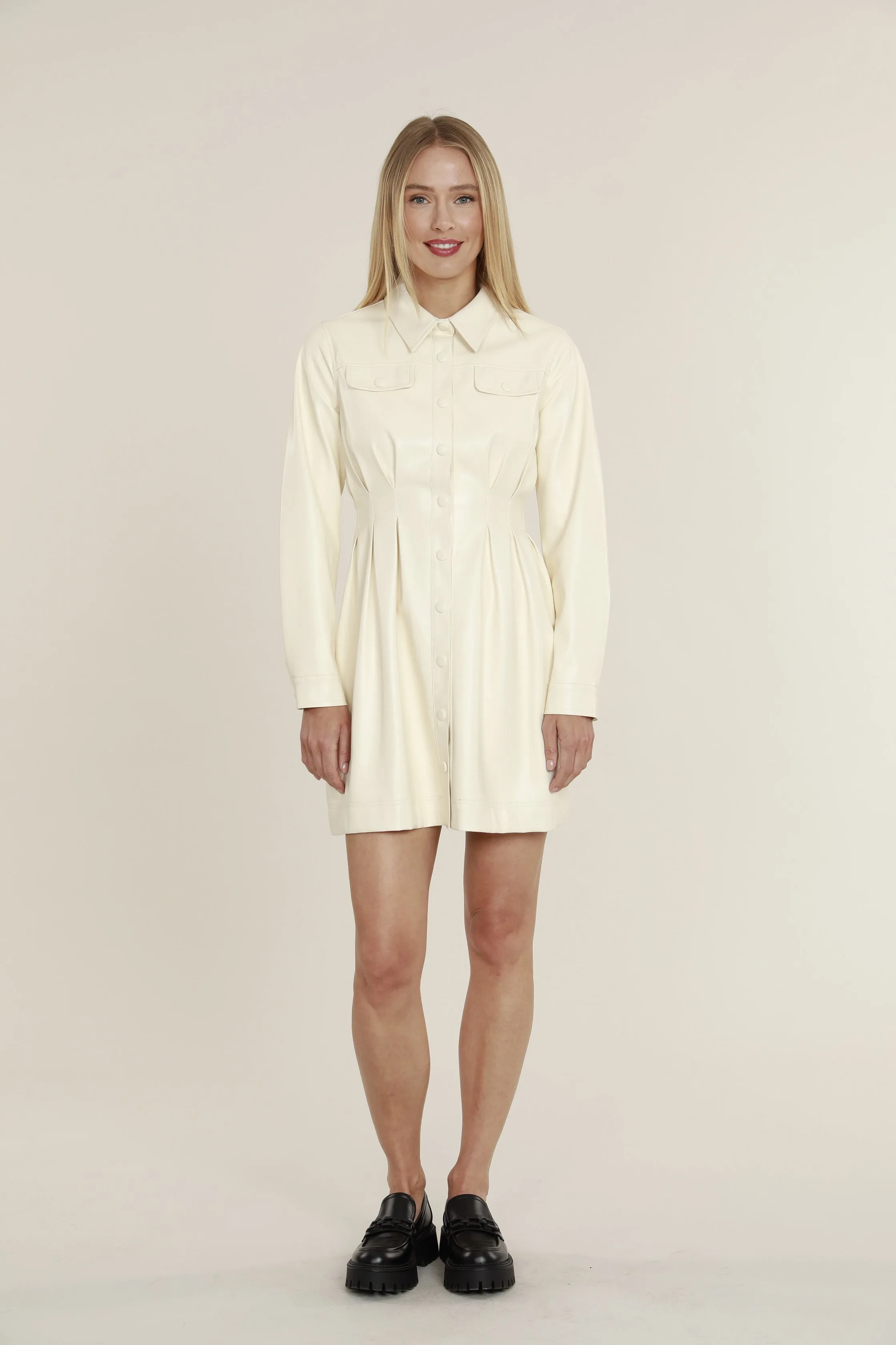 Faux Leather Shirt Dress with Pintuck Waist