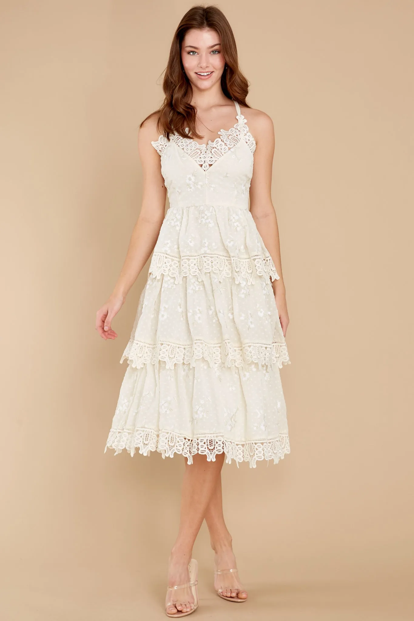 Graceful Goddess Ivory Lace Midi Dress