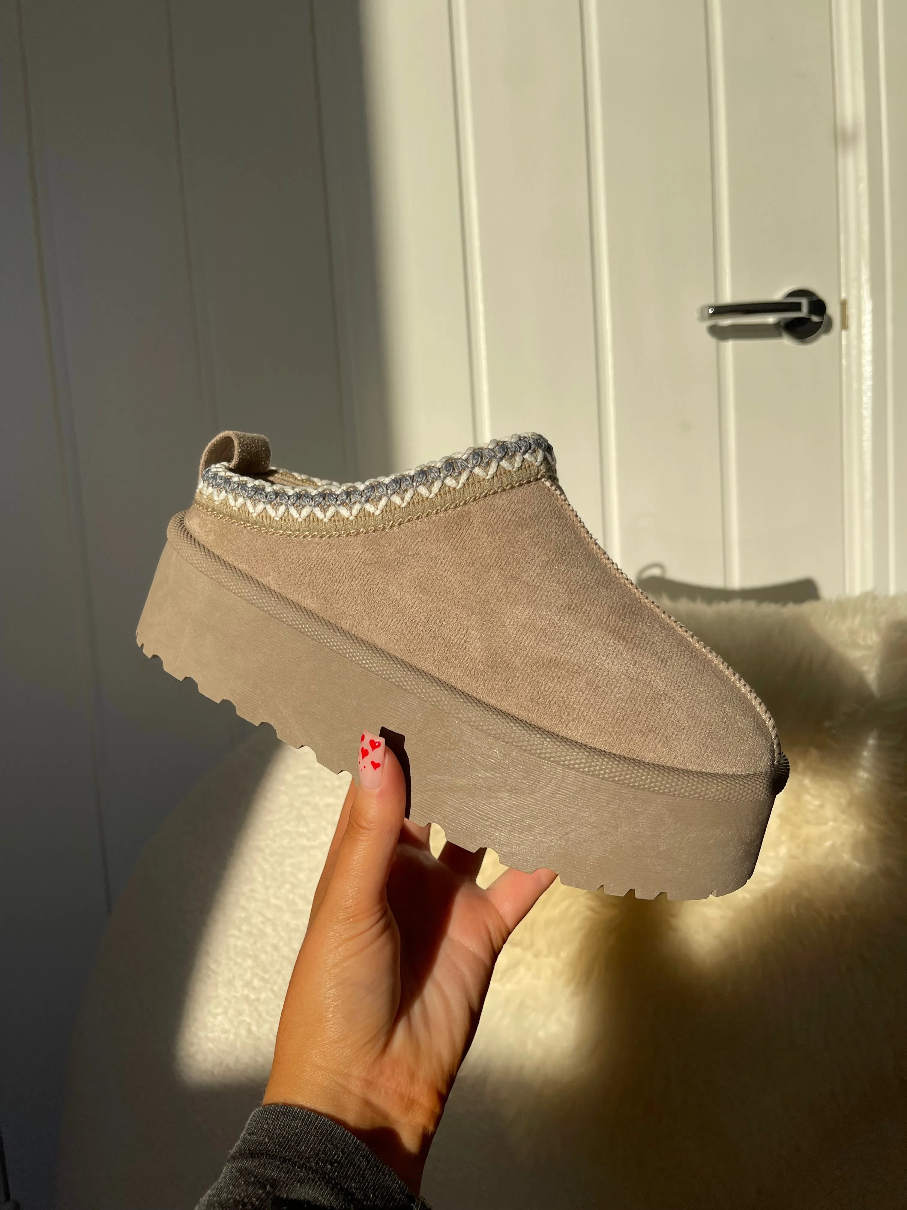 HOLLIE ULTRA PLATFORM TAUPE EMBROIDERED ANKLE SLIPPER BOOTS