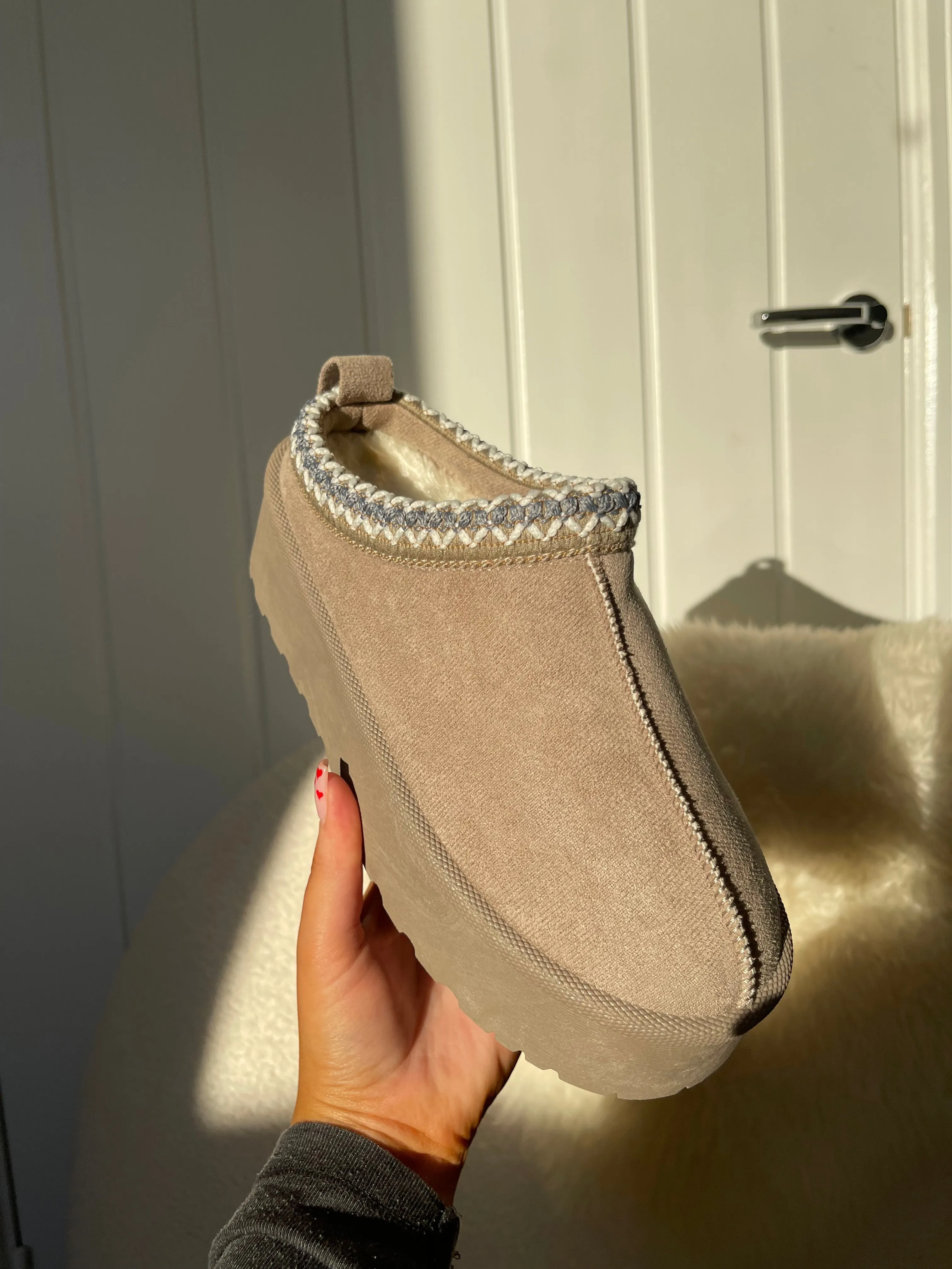 HOLLIE ULTRA PLATFORM TAUPE EMBROIDERED ANKLE SLIPPER BOOTS