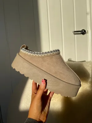 HOLLIE ULTRA PLATFORM TAUPE EMBROIDERED ANKLE SLIPPER BOOTS