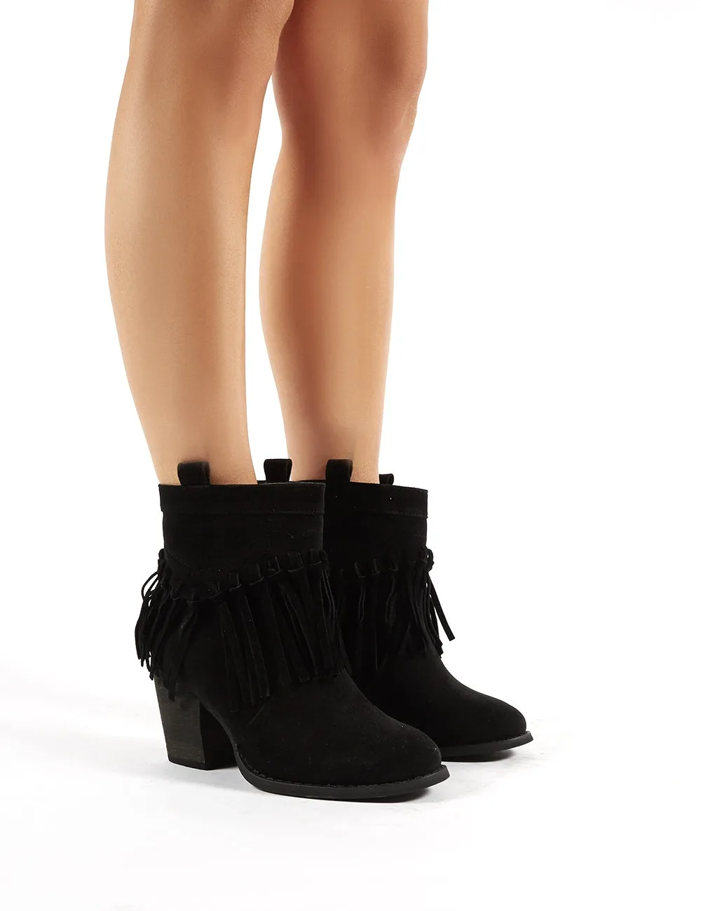 Jossa Black Faux Suede Fringed Heeled Western Ankle Boots