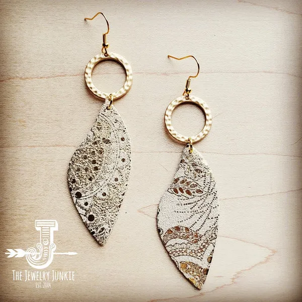 Leather Accent Earrings in Gold and White Paisley