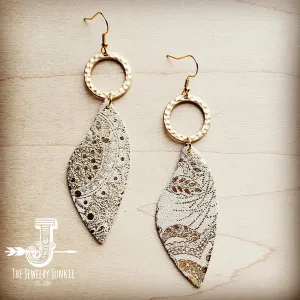 Leather Accent Earrings in Gold and White Paisley
