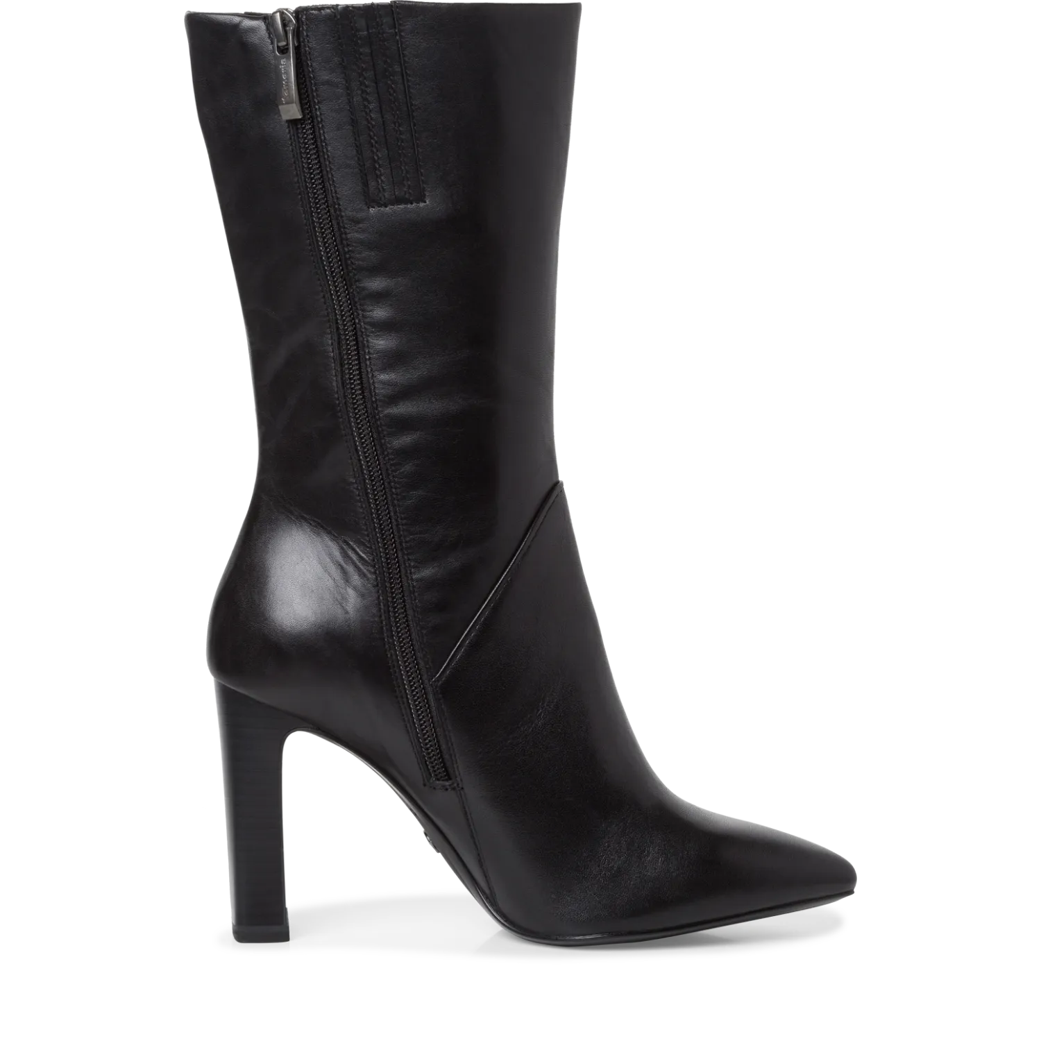 Leather Heeled Calf Length Boots - Black