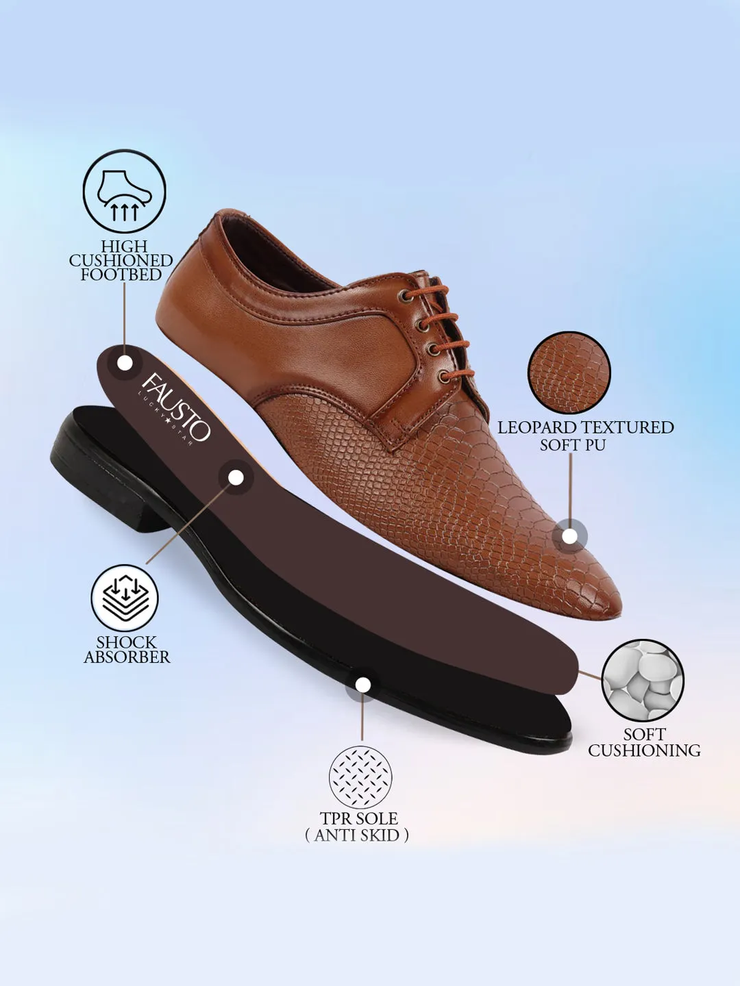 Men Tan Leopard Textured Derby Formal Lace Up Shoes For Office|Work|Wedding|Party