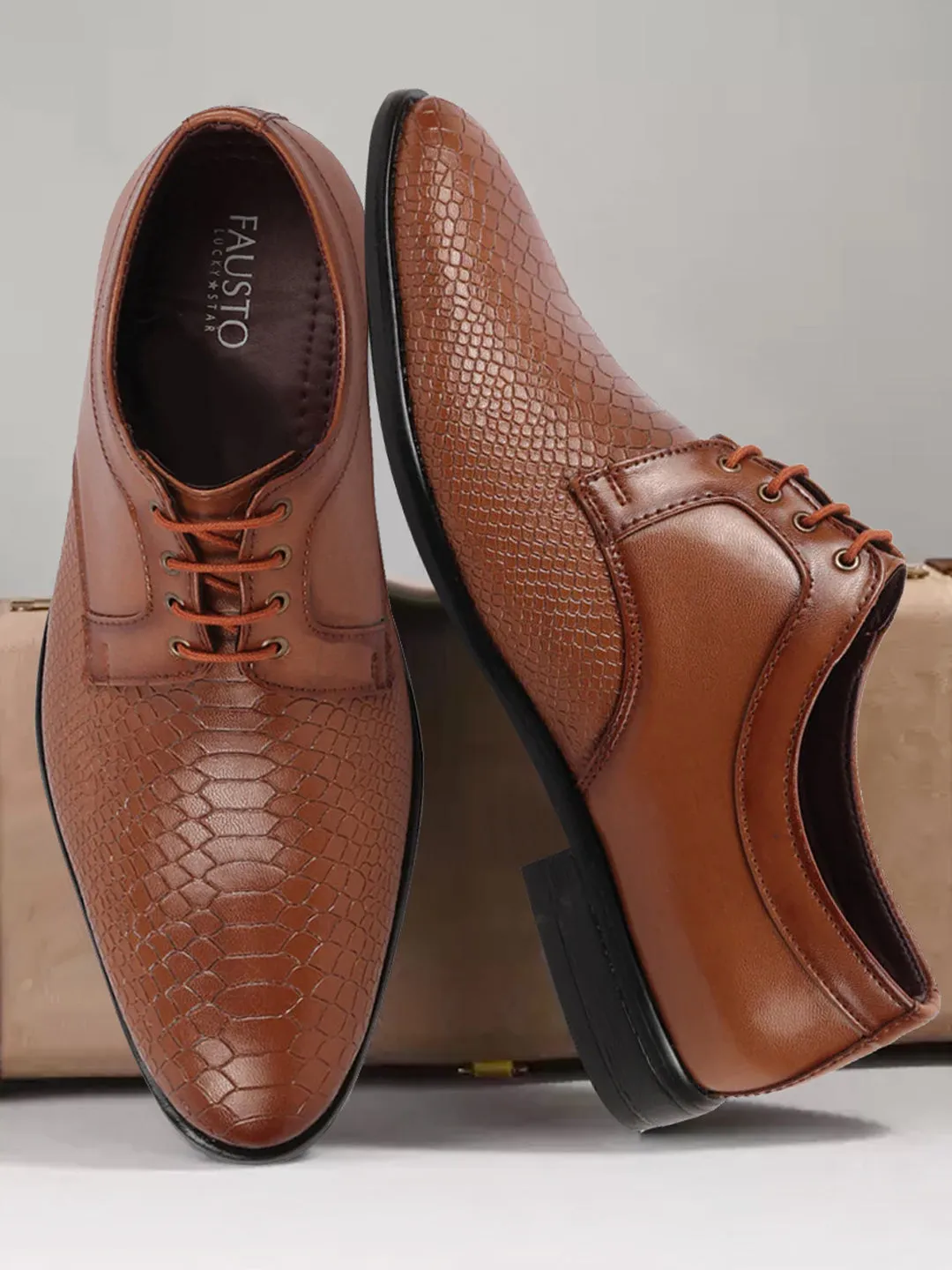 Men Tan Leopard Textured Derby Formal Lace Up Shoes For Office|Work|Wedding|Party