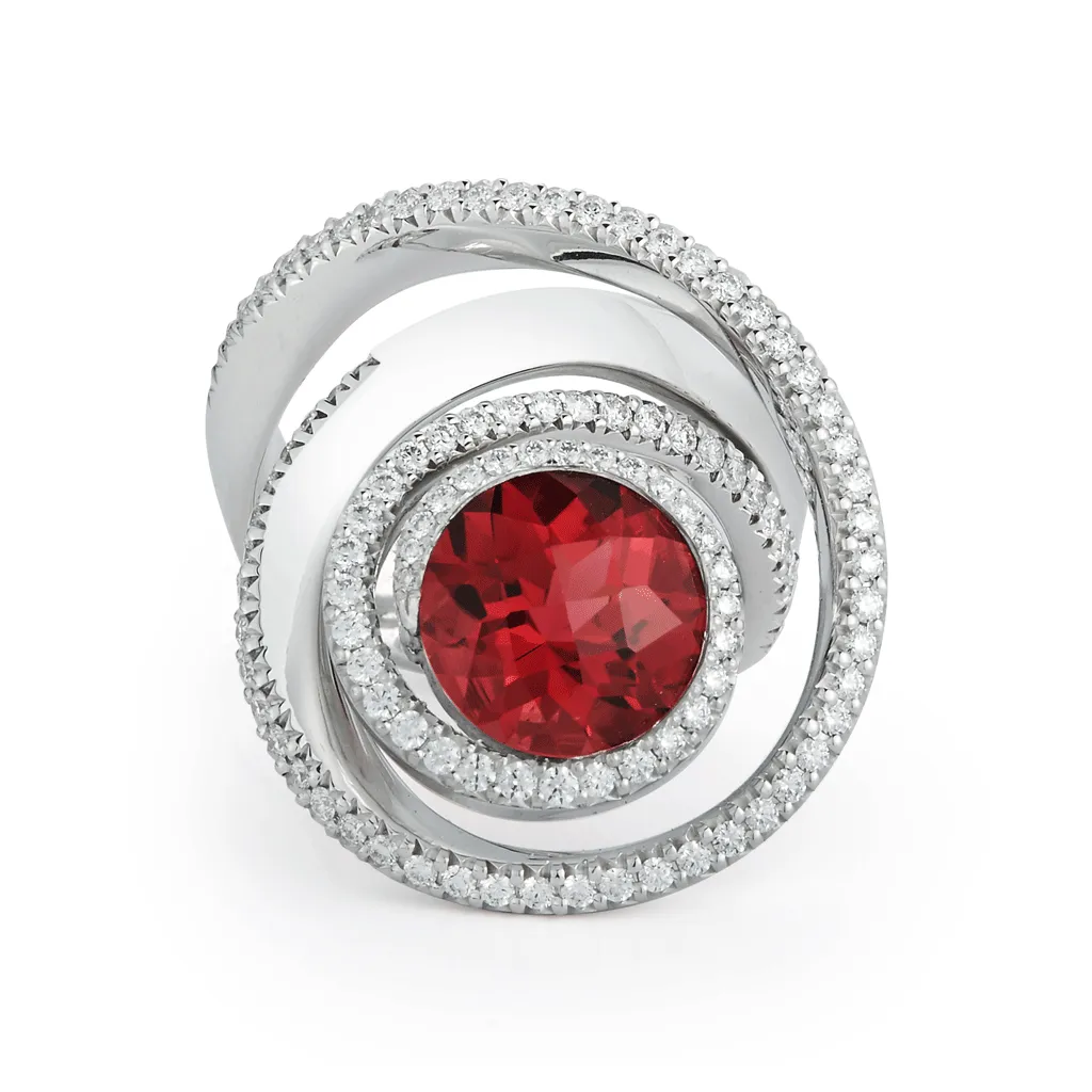 Pink Rubellite and Diamond Swirl Ring