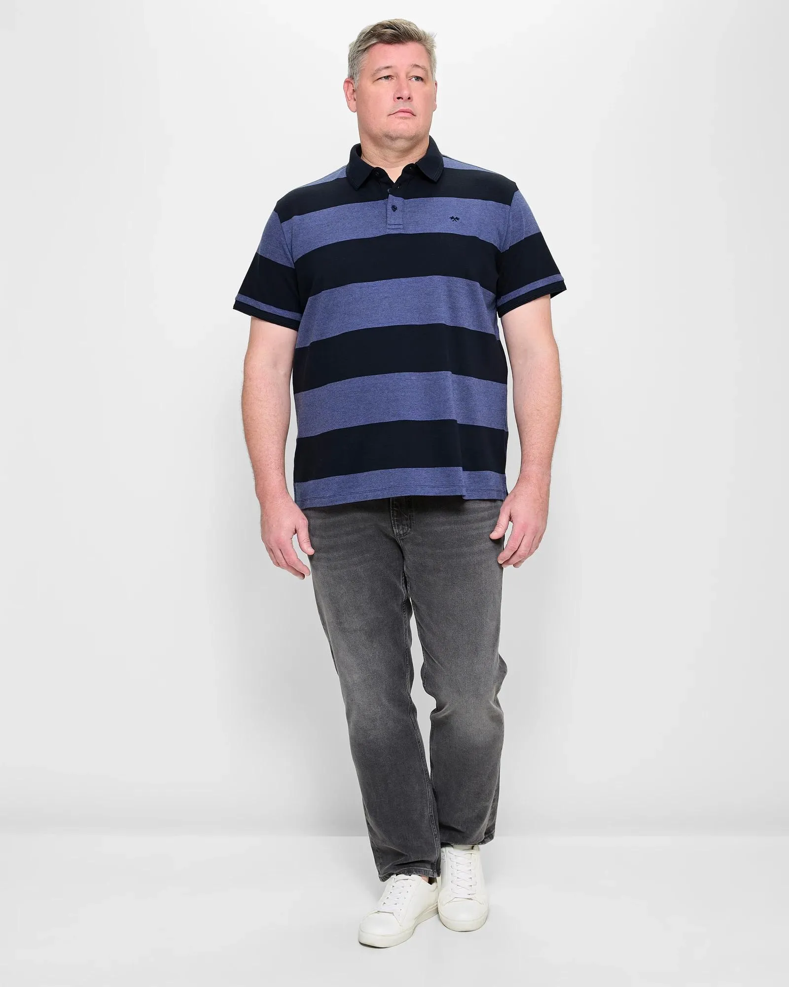 popular  Plus Size Australian Cotton Block Stripe Polo Top - Blue/ Navy