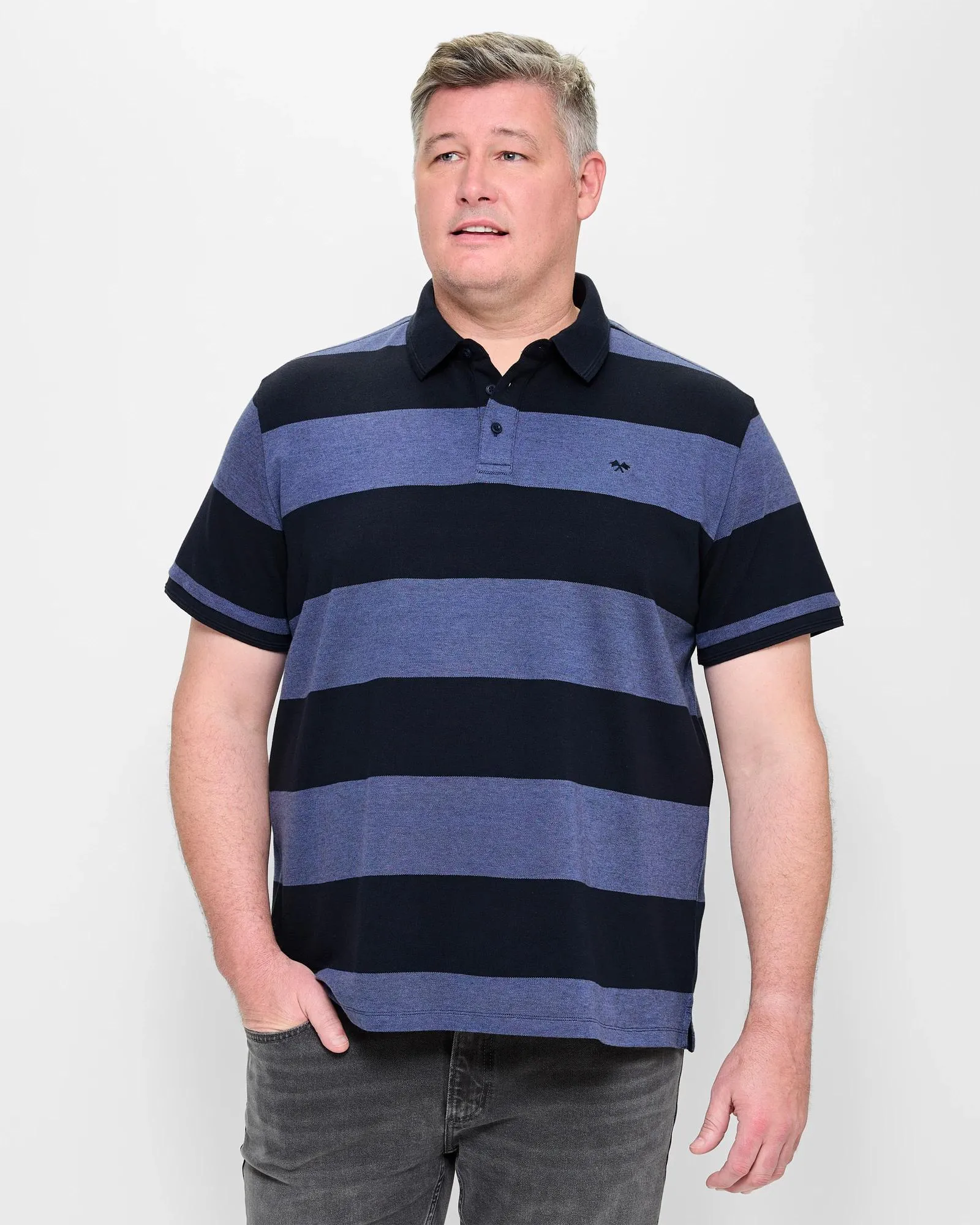 popular  Plus Size Australian Cotton Block Stripe Polo Top - Blue/ Navy