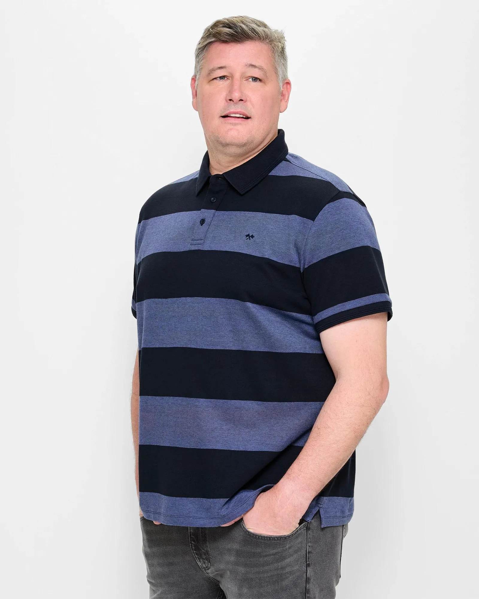 popular  Plus Size Australian Cotton Block Stripe Polo Top - Blue/ Navy