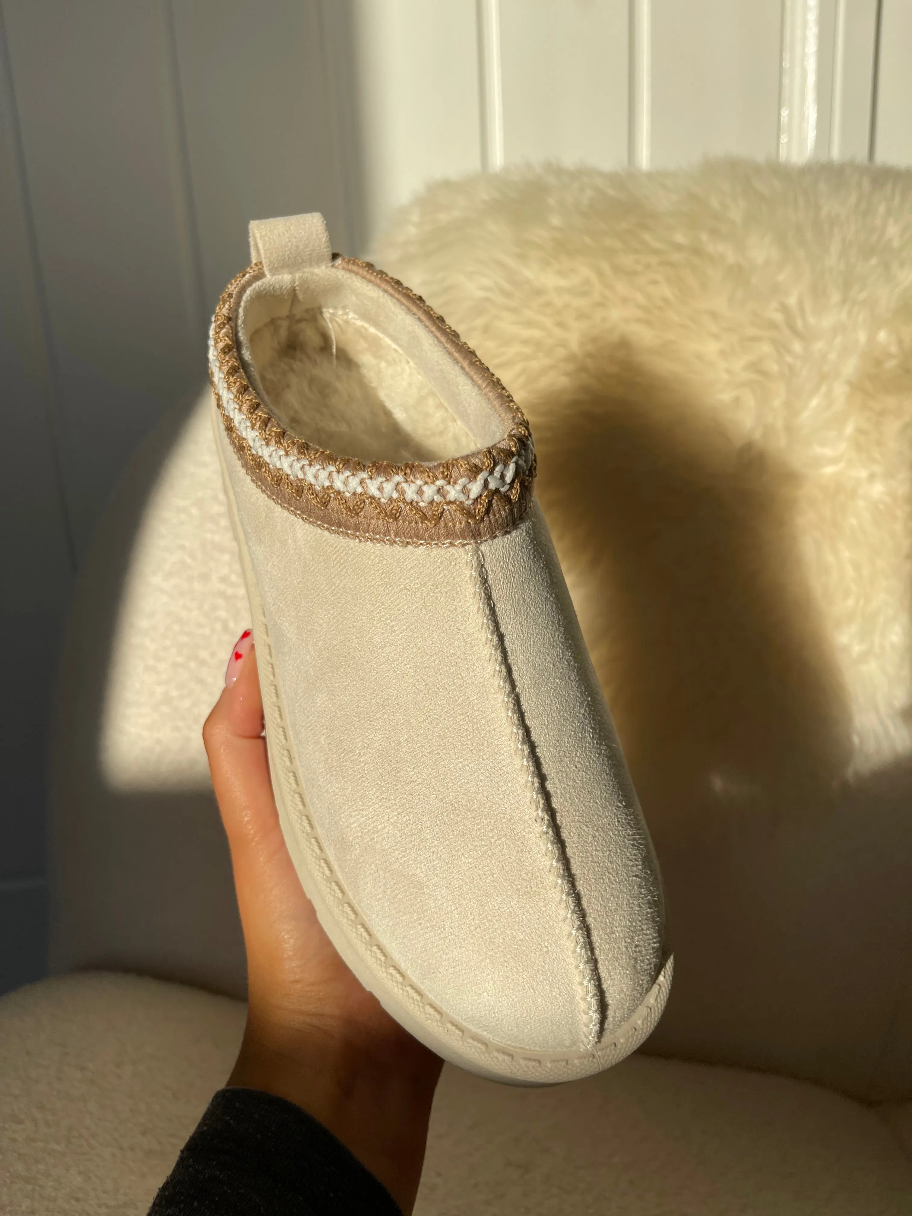 ROBYN CREAM ULTRA MINI PLATFORM EMBROIDERED ANKLE SLIPPER BOOTS