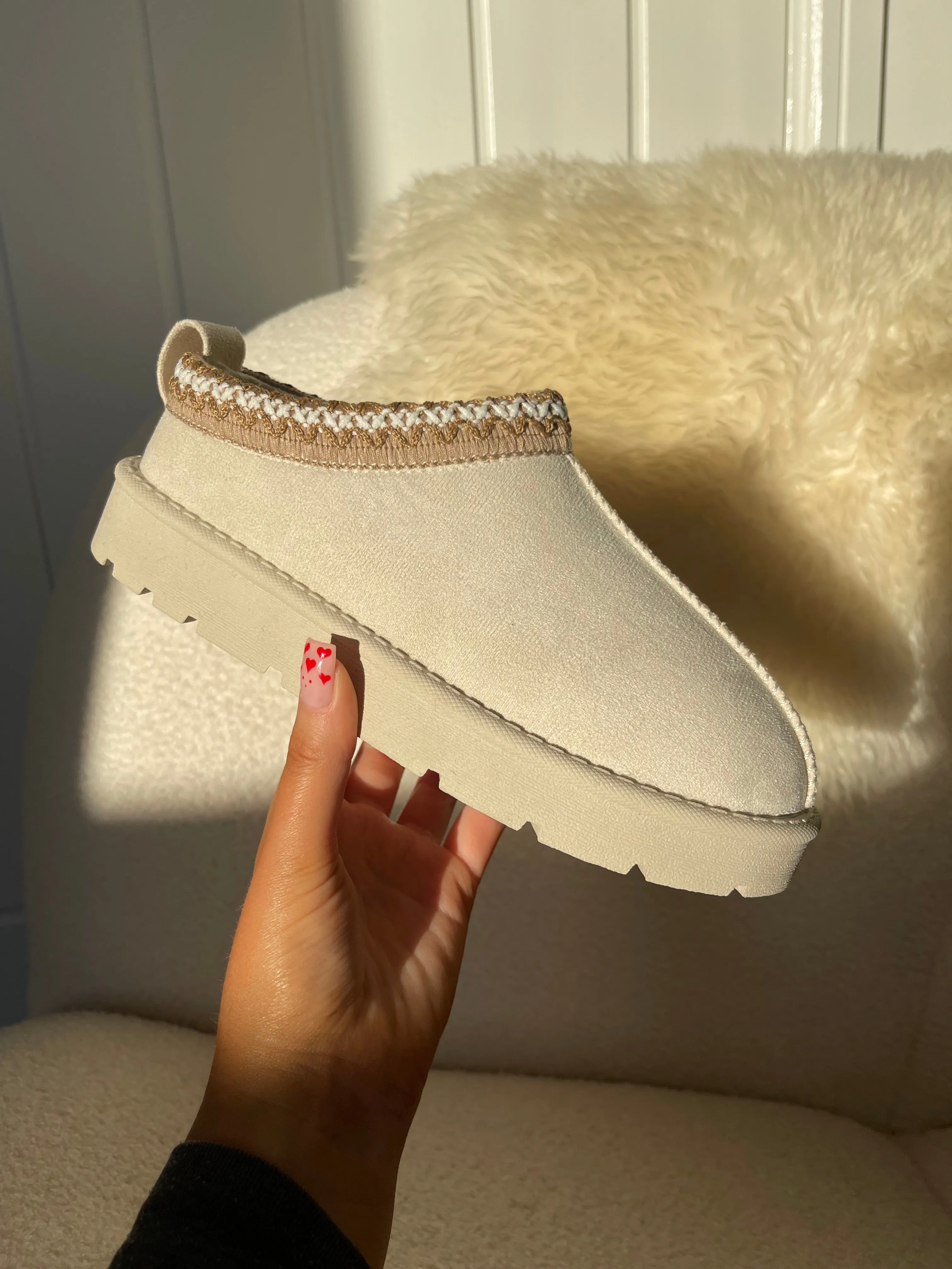 ROBYN CREAM ULTRA MINI PLATFORM EMBROIDERED ANKLE SLIPPER BOOTS