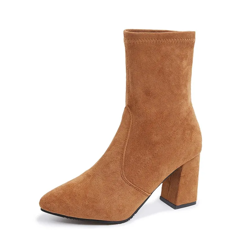 Sohiwoo Elegant Faux Suede High Heel Ankle Boots Woman Fashion Slip On Pointed Toe Dress Boots Women Office Square Heeled Short Booties