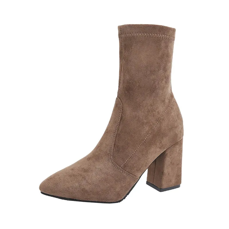 Sohiwoo Elegant Faux Suede High Heel Ankle Boots Woman Fashion Slip On Pointed Toe Dress Boots Women Office Square Heeled Short Booties